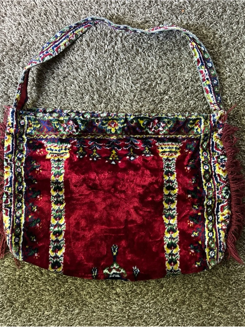 Bohemian Red Velvet Tote Bag with Patterned Strap vintage velour